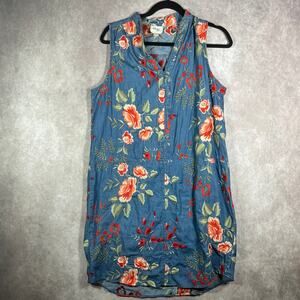 Beige By ECI‎ Shift Dress Women 10 Blue Denim Floral Embroidered Boho Artsy